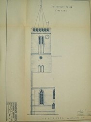 <p>Restauratieontwerp van de oostgevel van de toren uit 1954, waarop voorzien is in de reconstructie van het venster op de begane grond. (Archief RCE).  </p>
